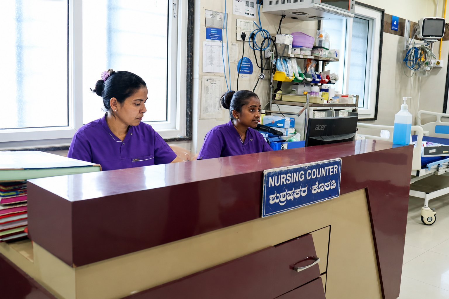 Nursing staff working at the patient care and nursing counter in Jayam Hrudayalaya
