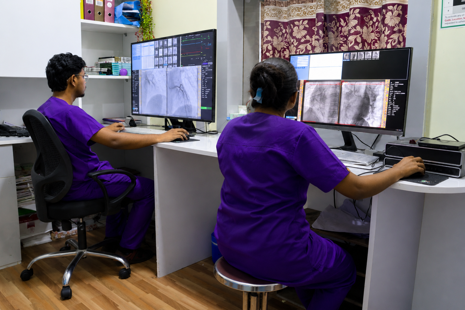 Cath lab technicians monitoring coronary angiography imaging systems